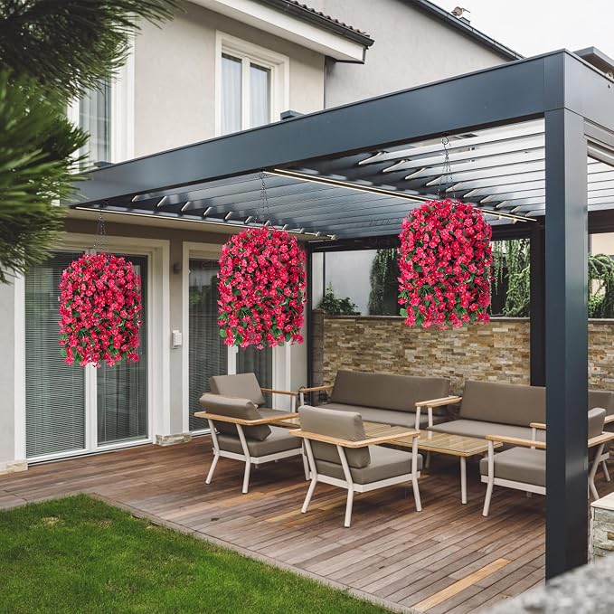 Artificial Fake Hanging Flowers Plants Baskets for Outdoor Outside Porch Decoration, Faux Silk Hotpink Realistic UV Resistant Orchid Long Vines in Planter for Spring Summer Home Patio Balcony