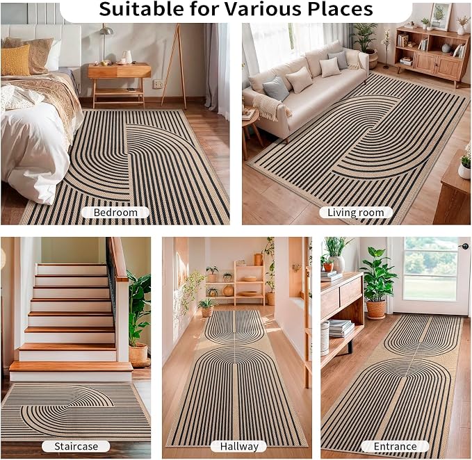 Tangsoo Rainbow Easy Jute Rug 2x6 Washable Runner Rug for Hallways,Non-Slip Thin Black Outdoor Rug,Modern Farmhouse Carpet for Porch Laundry Bedroom Living Room Entryway