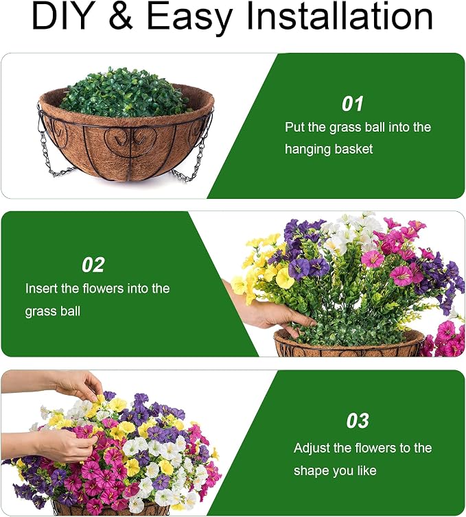 2 Set Artificial Fake Hanging Flowers Plants Baskets for Outdoors Spring Outside Decor , UV Resistant 24 Pcs Faux Silk Morning Glory with 2 Outdoor Hanging Planters Look Real for Porch Patio Balcony