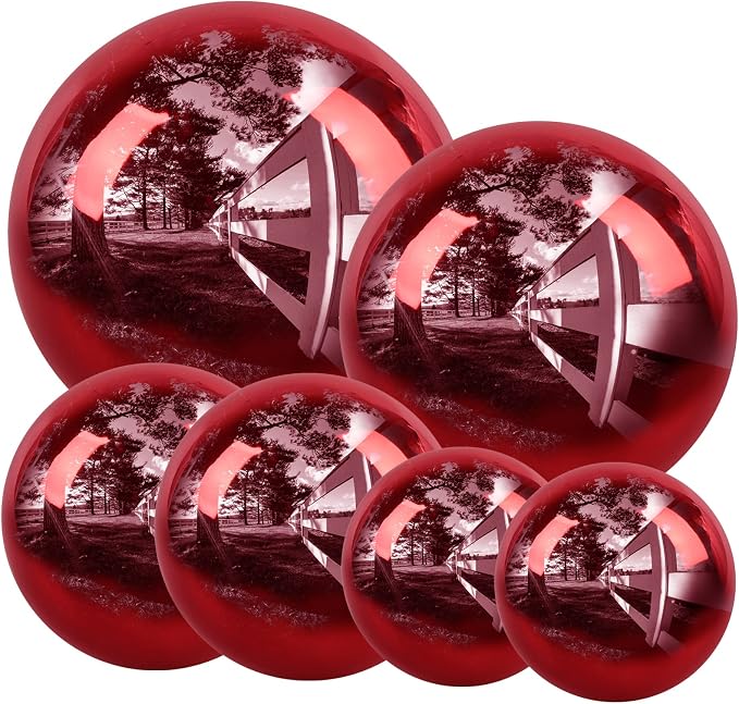 6Pcs Stainless Steel Gazing Balls - 2Pcs 2 inch, 2Pcs 3 inch, 1Pcs, 4 inch, 1Pcs 6 inch, Red Mirror Polished Hollow Gazing Globe Reflective Garden Sphere for Home Ornament Decoration
