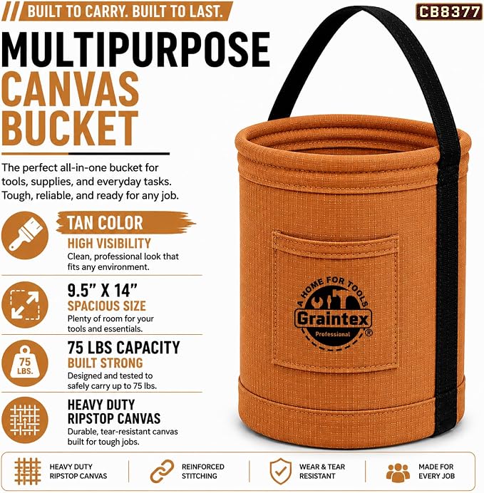 Graintex Canvas Utility Bucket 9.5"x14", Round Tool Bucket, Reinforced Base & Carry Handle, Ripstop Canvas, Ideal Multi-Purpose Bag for Jobsite, Gardening, Home Use, Tool Storage - Tan