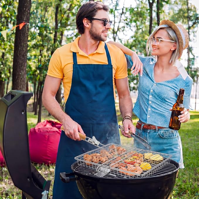 Havawish 3 Pcs BBQ Basket Grill Set 430 Stainless Steel Rectangular Grill Basket with Removable Wooden Handle 2 Rolling Cylinder Baskets for Vegetables Fish Meat Outdoor Grilling Gift for Dad Husband