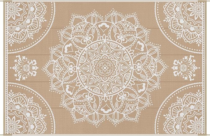 Pauwer Waterproof Outdoor Rug 6x9, Reversible Plastic Straw Patio Camping Rug, Indoor Outdoor RV Mat Carpet for Deck, Camper, Porch, Balcony, Backyard, Picnic, Floral Brown