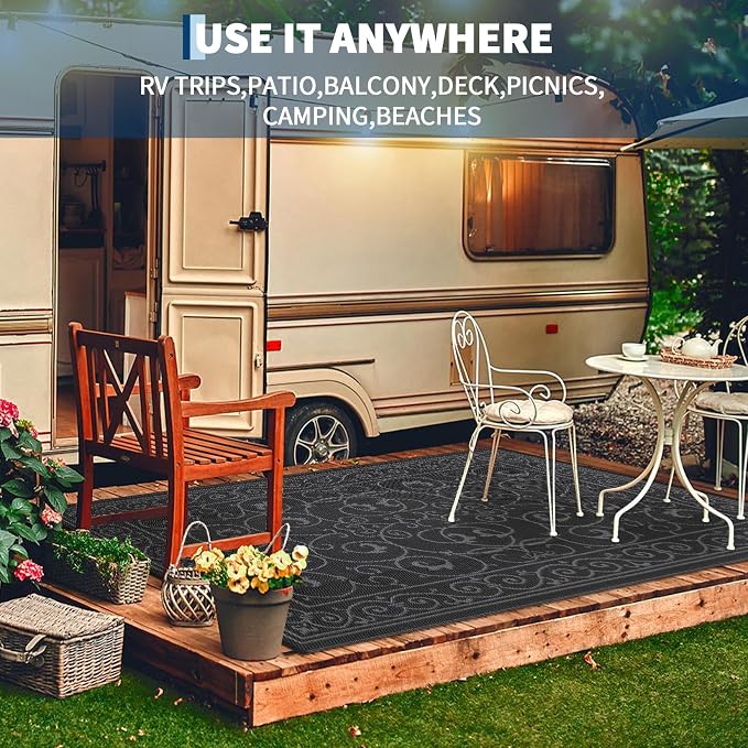 Garvee Outdoor Rug 9x18 Outdoor Patio Rug Reversible Plastic Straw Rugs Waterproof Foldable Mat Easy Clean Lightweight Carpet for Backyard Camping Porch RV Beach Balcony Deck Picnic Vintage Black