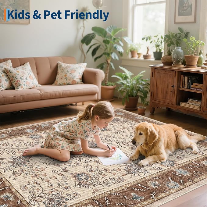 GarveeHome 5x7 Area Rug Brown Washable Rugs for Living Room Bedroom | Non Slip Soft Low Pile French Country Floor Mat Botanical Floral Print Throw Rug Indoor Carpet Dining Room Playroom