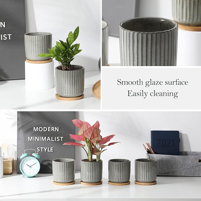 4 Inch Cylinder Ceramic Plant Pots, Green Grey, Set of 4 | Drainage Holes & Saucers, Vertical Glazed, Small Boho Planters with Trays, For Indoor Flower, Snake Plants, Succulent, Cactus