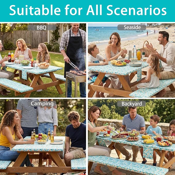 Jobunai Picnic Table Cover with Bench Covers Waterproof Camping Tablecloth with Elastic for 6 Foot Rectangle Tables Outdoor Travel Essentials list Summer Rv Vacation Finds Gifts Ideas for Mens Womens