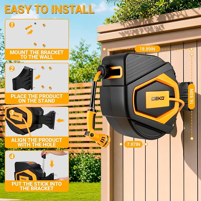 Retractable Garden Hose Reel:100 ft x 1/2 inch, Garden Hose Reel with 9-Pattern Nozzle, 180°Swivel Bracket Wall-Mounted, Automatic Rewind, Lock at Any Length, with Slow Return System