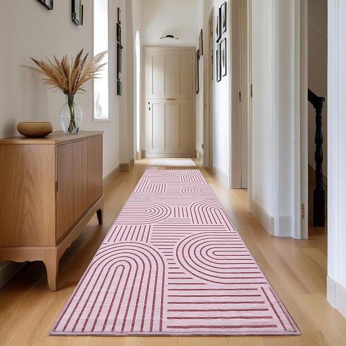 ROYHOME Modern 2x6 Hallway Runner Rug Non Slip Washable Kitchen Rug, Pink | Abstract Bath Mat, Rainbow Geometric Runners Rugs for Bedroom, Soft Long Rugs for Entryway Arch Pattern Bathroom Laundry Dorm