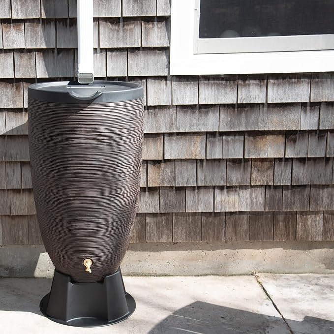 RTS Home Accents Newport 50‑Gallon Flat‑Back Rain Barrel with Stand & Planter Bundle – Bronze | Removable Lid, UV-Stabilized Outdoor Water Storage