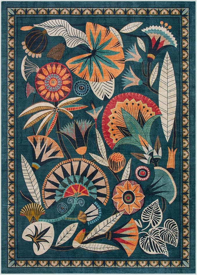 Zealude Boho Egypt Green Area Rugs for Living Room Bedroom, 5x7 Washable Large Dining Room Rug Non Slip, Floral Vintage Farmhouse Throw Carpet for Office Hardwood Floor Playroom (Dark Green,5 x 7)