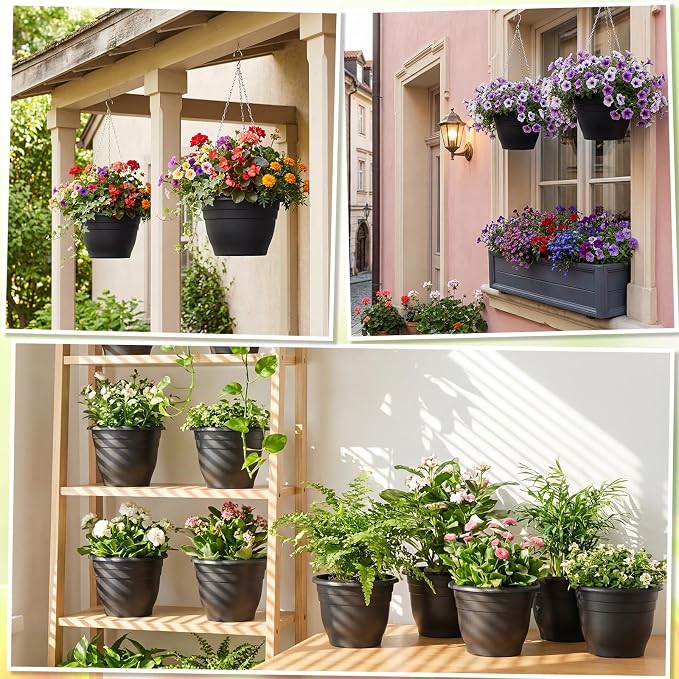 20 Pack 10 Inch Plastic Hanging Planter Bulk Black Hanging Baskets for Plants with Drainage Trays Self Watering Plant Pot Outdoor Indoor Planter for Garden, Balcony, Porch, Patio Decor