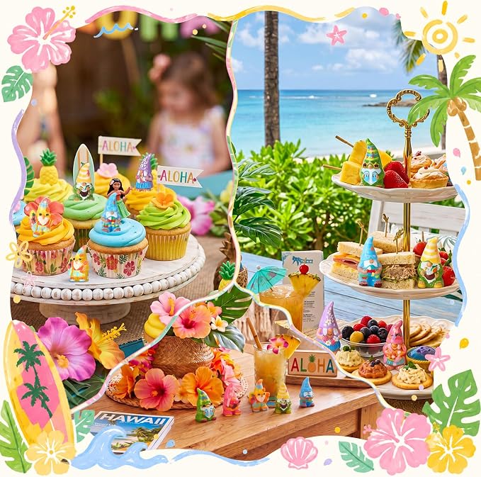 Yaomiao 60 Pcs Mini Hawaii Gnome Figurines Summer Tiny Resin Statues Starfish Plumeria Gnomes Figures Resin Gnome Decorations for Beach Hawaiian Party Favor Gift Tiered Tray Decor