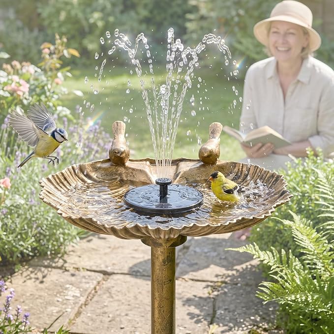 VINGLI Pedestal Bird Bath with Solar Fountain, Solar Pump Resin Birdbaths, Weather Resistant Bird Baths with Ground Stakes, Vintage Finish Garden Decor for Outdoor, Patio, Yard, Lawn (Copper Shell)