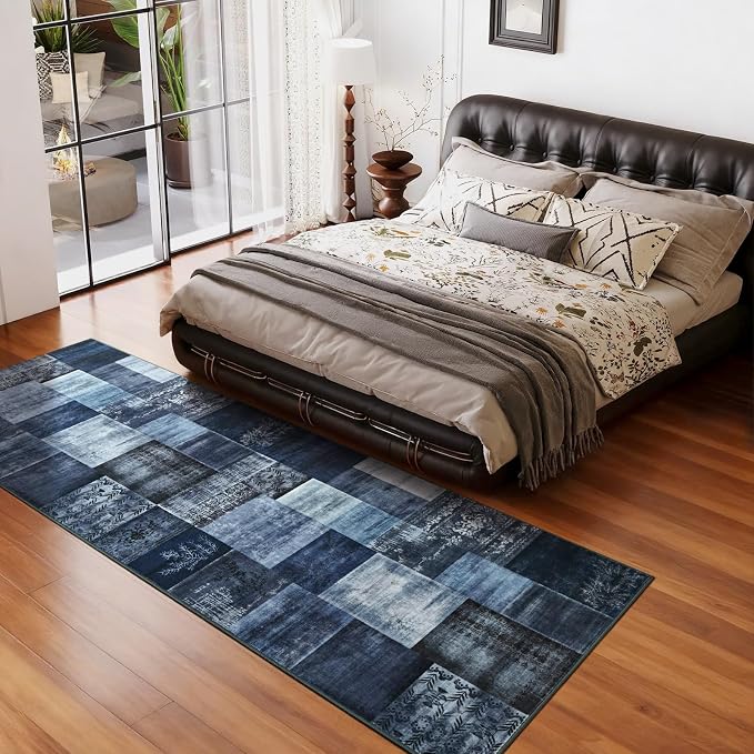 Runner Rug for for Hallways, 2'x6' Washable Kitchen Rugs with Non Slip Rubber Backing, Soft Low Pile Non-Shedding Geometric Carpet for Laundry Bedroom Bathroom, Navy Blue