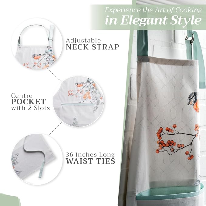 Maison d' Hermine Aprons for women with Pocket 100% Cotton (27.50"x31.50") | Adjustable Neck Strap & long ties Apron Men Chef Wedding Cooking Gardening Server Maid