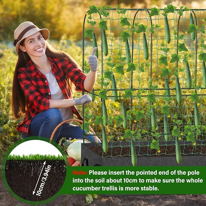 Garden Cucumber Trellis for Climbing Plants Outdoors, 65 x 50 Inch Large Metal Garden Trellis with Gardening Tools Nylon Garden Netting for Raised Bed Vegetable Fruit Flower Grow Support(U-Shape)