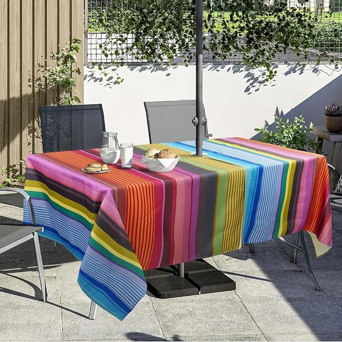 Outdoor Tablecloth with Umbrella Hole and Zipper, Rectangle Patio Table Covers for Spring/Summer, Machine Washable Outdoor Picnic Table Cloth (02stripes, 60" × 102" Rectangular)