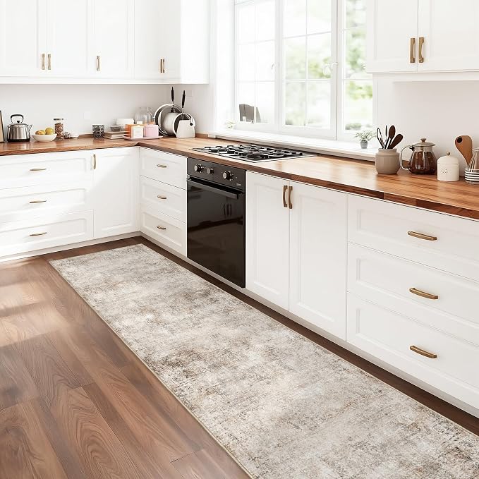 Abstract Beige Runner Rugs for Hallway: Washable Runner Rug 2x12 for Kitchen Entryway Bathroom Bedroom Indoor - Easy Clean Soft Thin Floor Mat - Modern Neutral Decor Throw Carpet