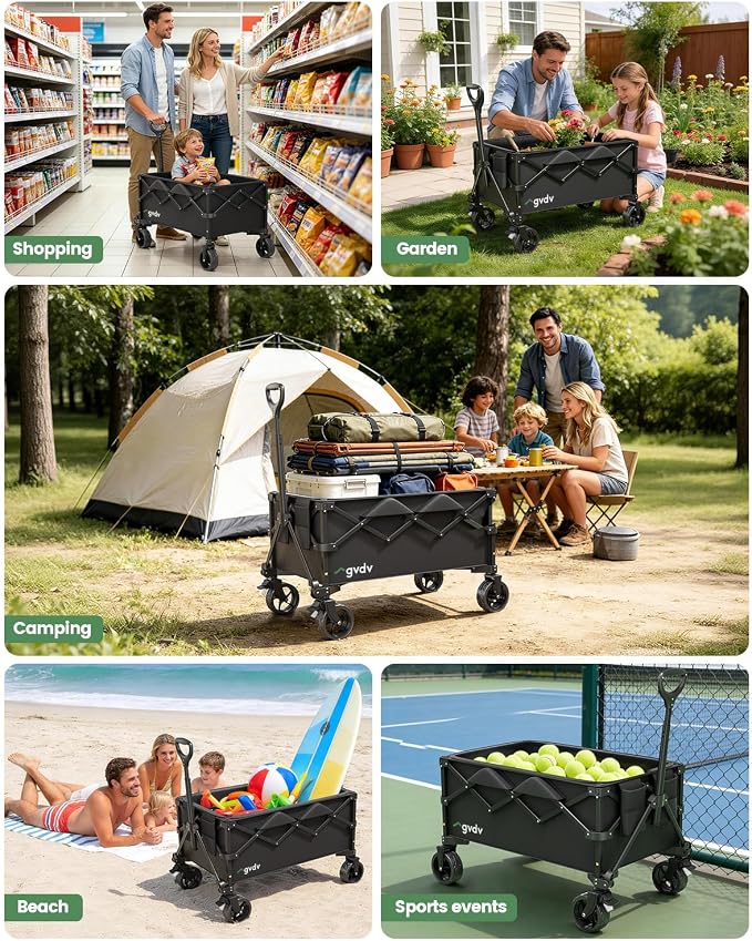 GVDV CW35 Wagons Carts Foldable, 42-Inch Extended Handle Collapsible Utility Wagon, 330LBS Heavy-Duty Shopping Cart for Groceries, Sports, Camping, Garden