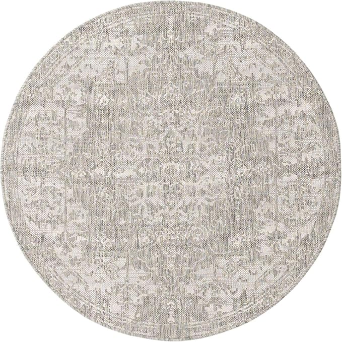 Unique Loom Outdoor Collection Area Rug - Dubai (4' 1' Round, Gray/ Ivory)