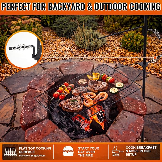 22" x 15" Fire Pit Campfire Grill Grate Campfire Grill Portable Open Fire Cooking Heavy-duty Swing Camping Cooking Barbecue Rack Easy Setup & Adjustable Height for Outdoor BBQ