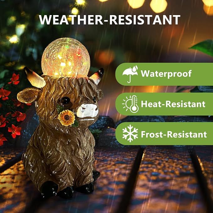 HONGLAND Solar Highland Cow Outdoor Garden Statues, Outside Decor with Color Changing Lights for Yard Lawn Ornaments Porch Patio Balcony Home Farmhouse, Birthday Gifts for Grandma Mom Women