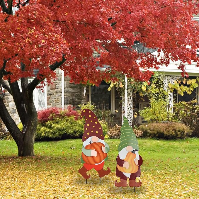 Fall Decorations for Home Outdoor, 2 Pack 25" Decorative Garden Stakes with Gnomes Pumpkin for Fall Decor, Metal Yard Signs for Outside Garden Lawn Porch Patio Thanksgiving Decorations