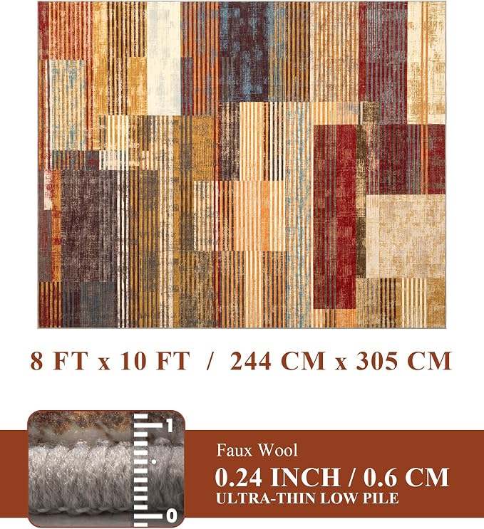 Brown Area Rug 8x10, Farmhouse Rugs Washable,Vintage Burgundy Carpets for Bedroom,Burnt Orange Area Rug Non Slip,Geometric Boho Rug for Kitchen,Dining Room