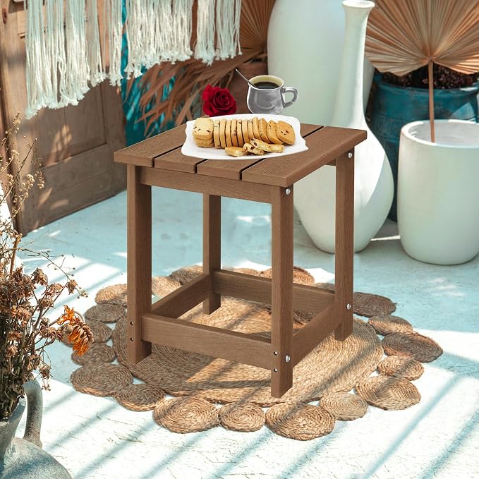 LZRS Patio Side Table, Heavy Duty HDPE Outdoor End Table with Wood Texture, Weatherproof Composite Table for Adirondack Chairs, Deck, Pool, Indoor/Outdoor, No Peeling or Cracking(Brown)