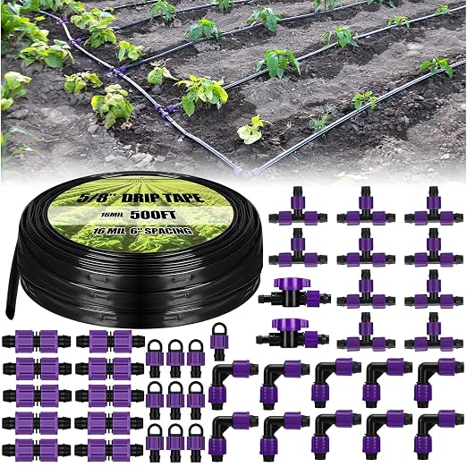 Tondiamo 500' 5/8 Inch Drip Tape Irrigation Tubing Kit 16 Mil 6" Spacing Garden Hose Watering Tube Line Automatic Equipment for Garden Irrigation System Farms, Landscape, Lawn