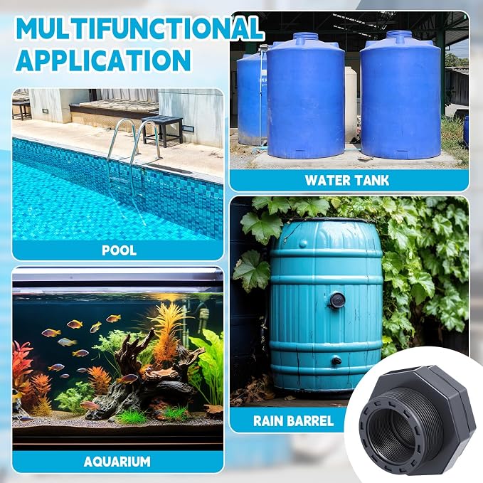 1 Pcs 2 Inch Bulkhead Fitting PVC Water Tank Connector Plumbing Pipe Threaded Bulkhead Fitting NPT for Rain Barrels, Water Tanks, Aquariums, Tubs, Pools
