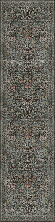 Vintage Washable 2x10 Runner Rug Non Slip for Hallway, Kitchen, Entryway, 10ft Stain Resistant Extra Long Soft Rug Runners, Dark Green Floral Unique Botanical Floor Mat