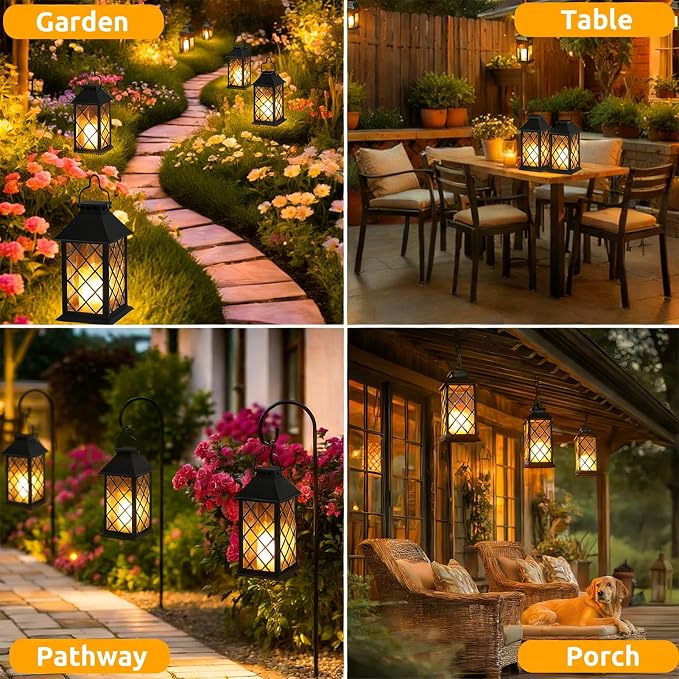 2 Pack 14" Large Tempered Glass Solar Lanterns Outdoor Waterproof, Hanging Solar Lights with Flickering Flameless Candles, Solar Lantern for Wall Porch Patio Table Garden Decoration (Black)