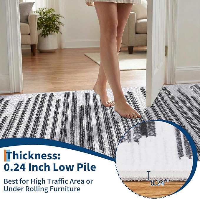 GarveeHome 2x3 Washable Rug for Hallway Bedroom Non Slip Low Pile Carpet | Modern Striped Small Entryway Rugs Geometric Stain Resistant Soft Kitchen Rug, Black Grey