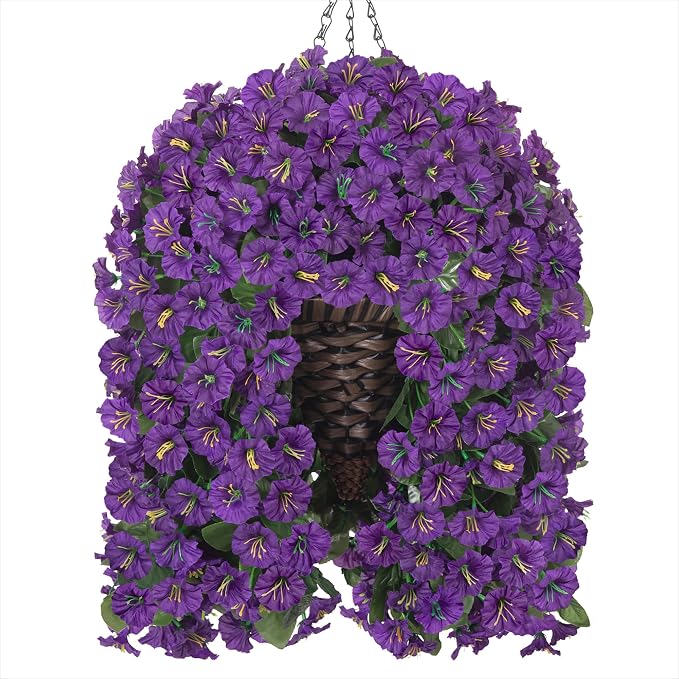 HyeFlora Artificial Faux Hanging Flowers Plants Basket for Outdoor Outside Porch Decoration, UV Resistant Fake Silk Purple Morning Glory Trailing Vines Realistic for Summer Home Balcony Yard Patio