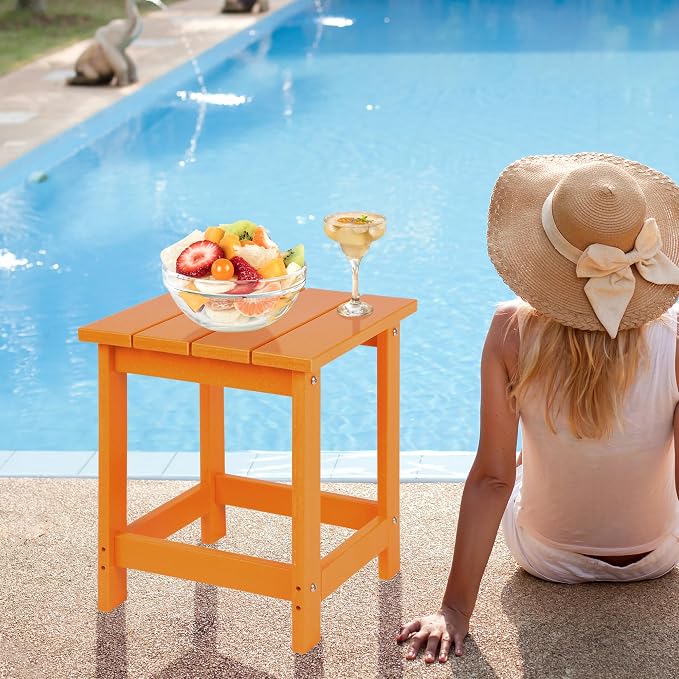 LZRS Patio Side Table, Heavy Duty HDPE Outdoor End Table with Wood Texture, Weatherproof Composite Table for Adirondack Chairs, Deck, Pool, Indoor/Outdoor, No Peeling or Cracking(Orange)