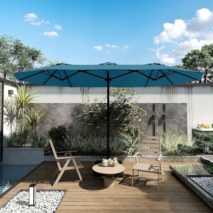 Kingdura 15ft Large Patio Umbrella with Base Included, Double-Sided Rectangle Outdoor Table Umbrella with 12 Reinforced Ribs, Crank Lift for Market Pool Deck Backyard, Lake blue
