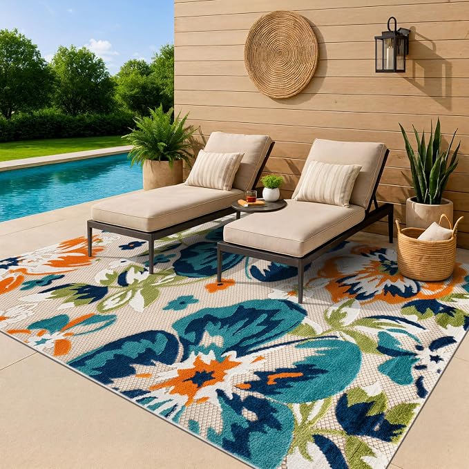 Rugshop Multi Bergamo Floral Indoor/Outdoor Area Rug Machine Washable for Patio, Deck Backyard and Living Room, 5' x 7'