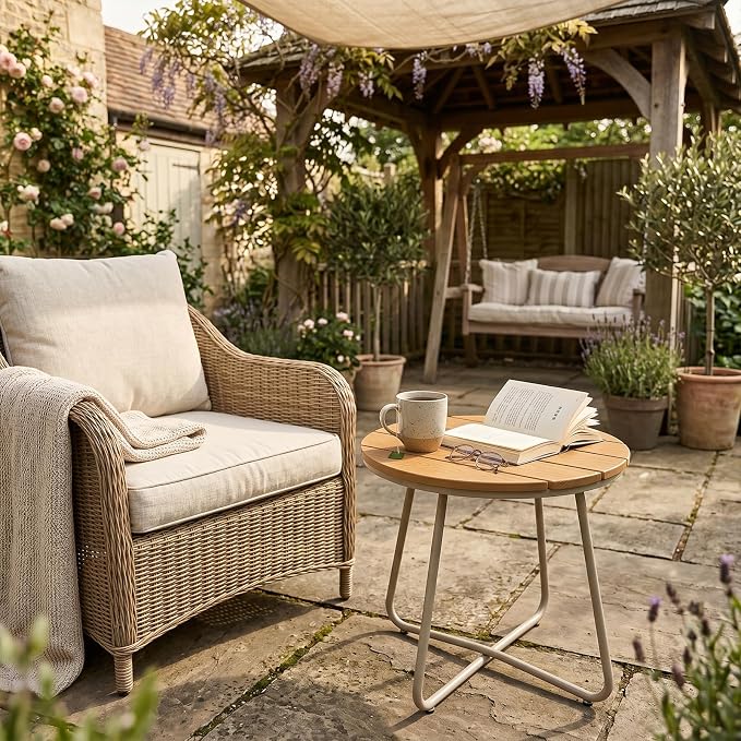 danpinera Outdoor Side Tables, HDPS Patio Table with Metal Legs | 18 Inch Outdoor Small Round Table for Garden, Backyard, Porch, Deck, Balcony, Poolside, Natural