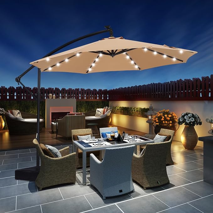 ABCCANOPY 10 FT LED Patio Umbrellas Cantilever Umbrella with base, 360° Rotation Outdoor Lighted Offset Umbrella Bonus Fix Frame & Weights Bag for Backyard, Deck, Poolside (Khaki)