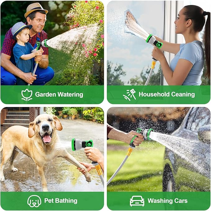 Garden Hose 50FT, Flexible Stainless Steel Metal Water Hose with 10-Function Nozzle, No-Kink, Leak-Proof, Wear-Resistant, 3/4 GHT, Easy to Use and Store for Garden, Yard, Lawn, Outdoor