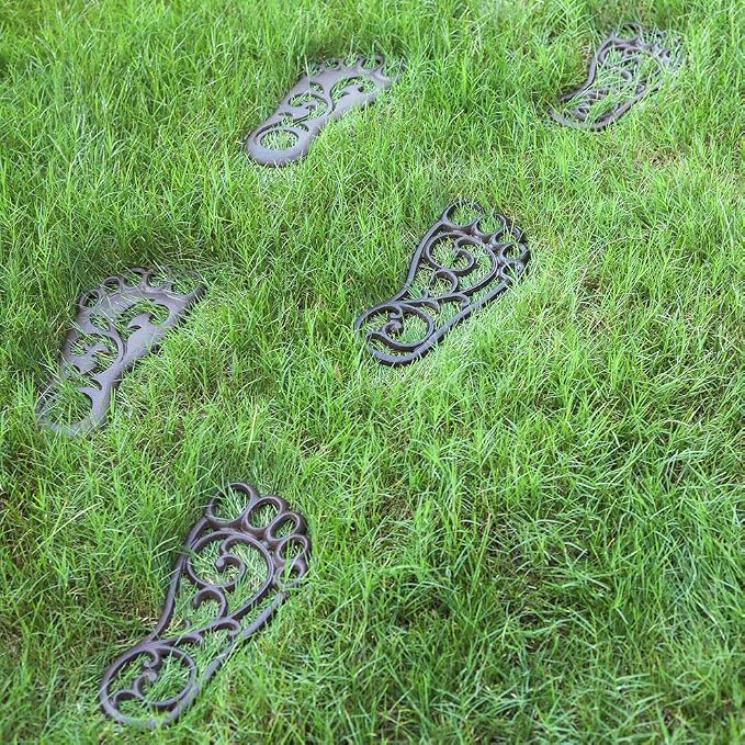 Sungmor Heavy Duty Cast Iron Stepping Mats for Front Door, 2PC 11.8 Inch Long Sturdy Metal Left & Right Footprint Stepping Stone, Retro Elegant Decorative Mat for Garden Lawn Panel Walkway Landscaping