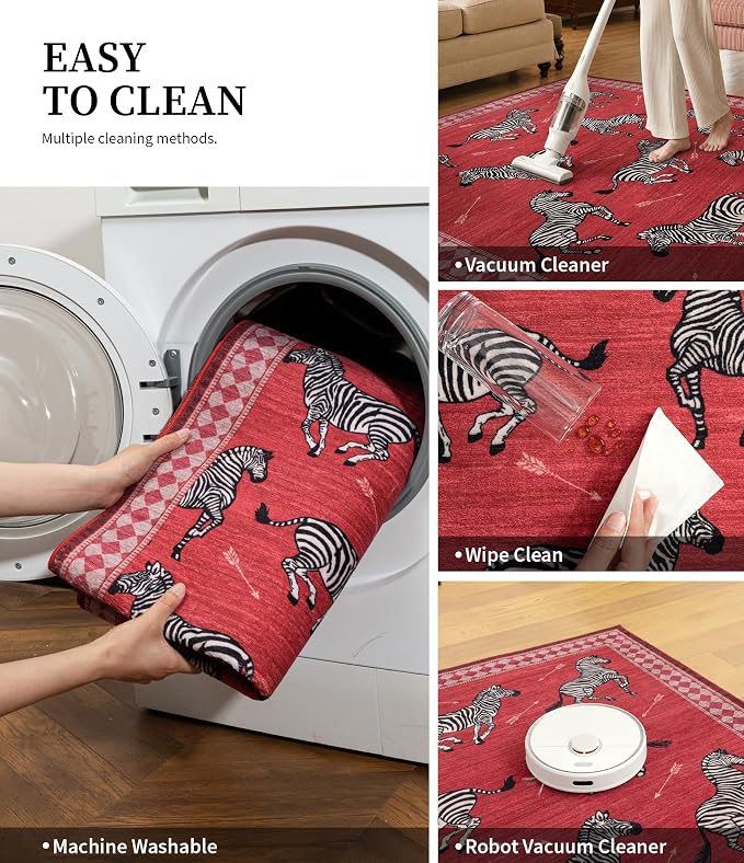 YIHOUSE Zebra Hallway Runner Rug 2×8, Washable Animal Print Rug with Checkered Border, Non-Slip Low Pile Mid-Century Modern Carpet for Kitchen, Entryway, Living Room, Bedroom, Red