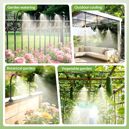 HIRALIY 33FT Garden Watering System with 5 360° Adjustable Copper Mist Nozzles, Quick-Connect Drip Irrigation Kit for Patio Pots, Small Greenhouses and Flower Beds