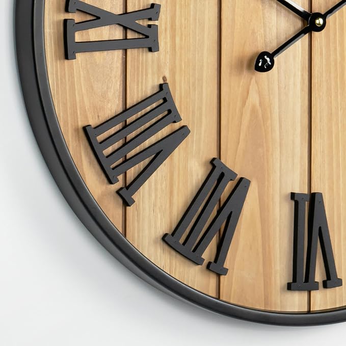 Large Wall Clock 30IN, Silent Metal Wood Style Wall Clocks Battery Operated for Living Room Decor, Farmhouse Big wall Clock, Outdoor