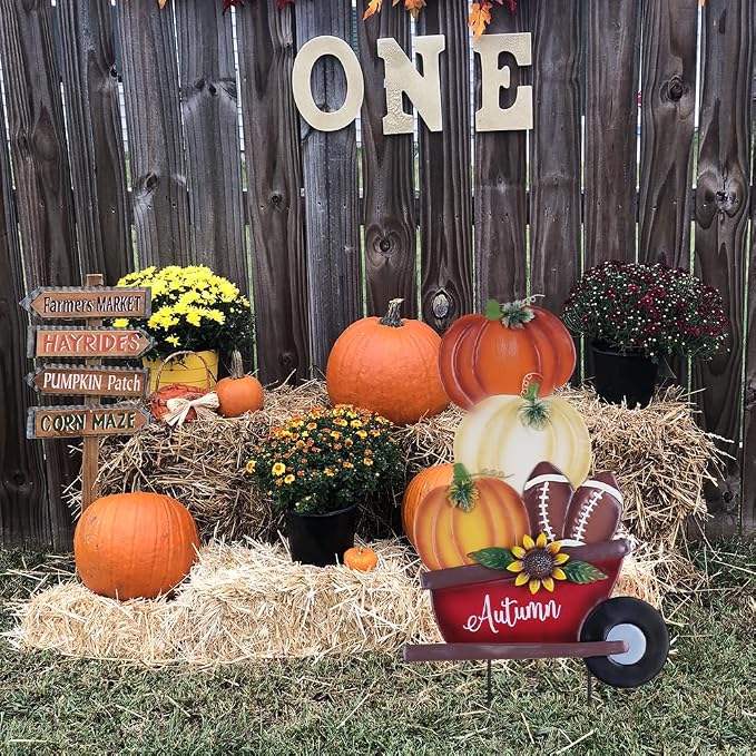 YEAHOME Fall Decorations Outdoor, Stacked Pumpkin Football Wheelbarrow Decorative Garden Stakes, Autumn Metal Cart Yard Signs for Home Outside Garden Lawn Porch Decor, Thanksgiving Decorations