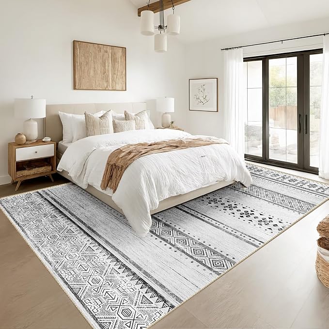6x9 Area Rugs for Living Room Washable Moroccan Farmhouse Neutral Geometric Low Pile Non-Slip Soft Print Pattern Rug for Bedroom Kitchen Dining Room Entryway Grey/Black/Navy | Vacuum Friendly, Machine Washable, Non-Slip Rug, Stain Resistant, Moroccan G...