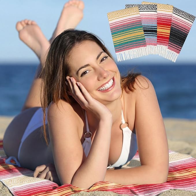 Oudain 4 Pcs Mexican Blankets Bulk Handwoven Mexican Yoga Blanket Towel Colorful Falsa Serape Woven Throw Blanket Boho Beach Blankets for Outdoor Camping Beach Picnic Travel Home (Light Colors)