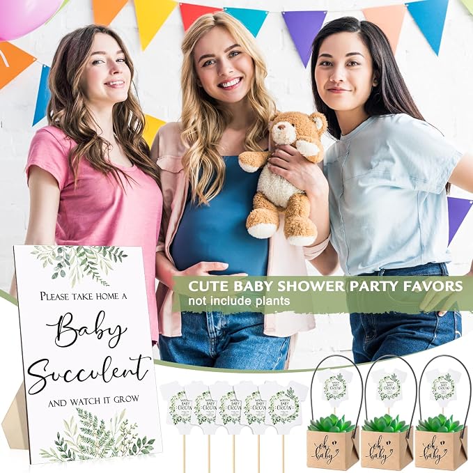 Geetery 101 Pcs Succulent Baby Shower Party Favor 1 Wooden Table Sign 50 Tags and 50 Kraft Succulent Pots for Guest Baby Shower Favors Gifts(Baby)